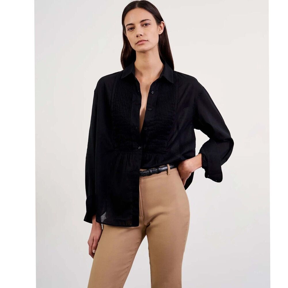 Nili Lotan Daniel Voile Tuxedo Pintucked Buttondown Black Shirt Top S 277746